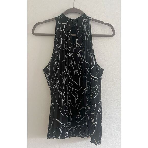 NWT Tahari High Neck Halter Black and White Printed Pleated Blouse Small - Picture 2 of 7